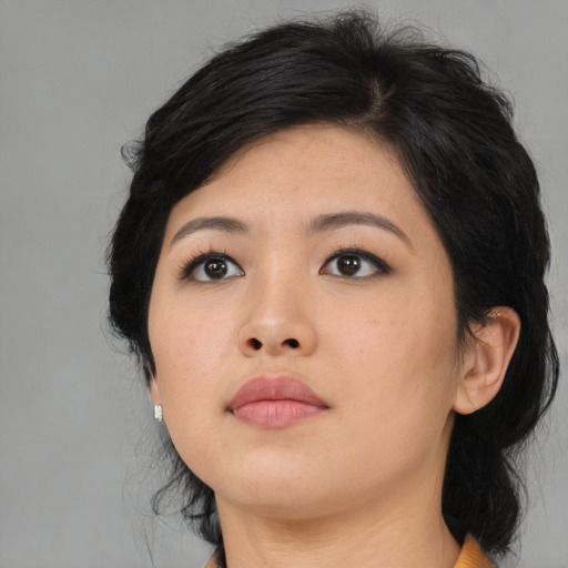 Neutral asian young-adult female with medium  black hair and brown eyes