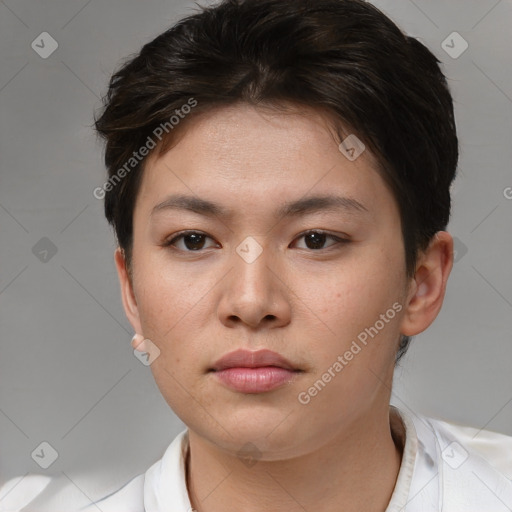 Neutral asian young-adult female with short  brown hair and brown eyes