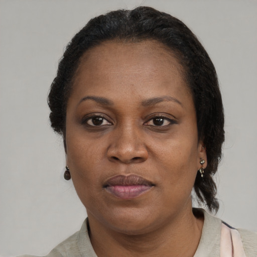 Joyful black adult female with short  brown hair and brown eyes