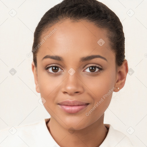 Joyful latino young-adult female with short  brown hair and brown eyes