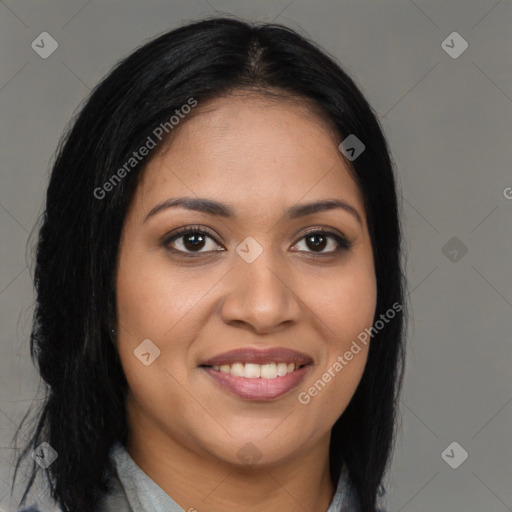 Joyful latino young-adult female with long  brown hair and brown eyes