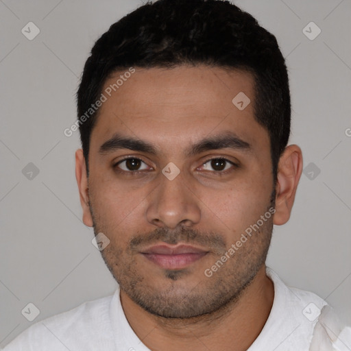 Neutral latino young-adult male with short  black hair and brown eyes