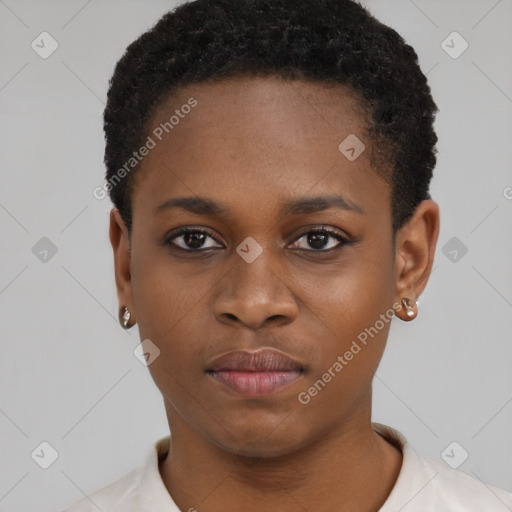 Neutral black young-adult female with short  black hair and brown eyes