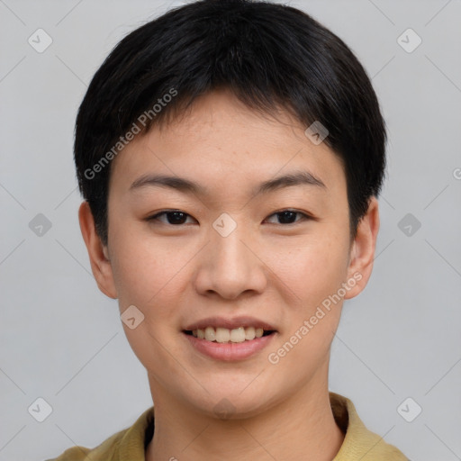 Joyful asian young-adult female with short  brown hair and brown eyes