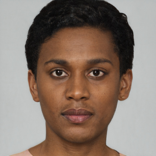 Neutral black young-adult male with short  black hair and brown eyes