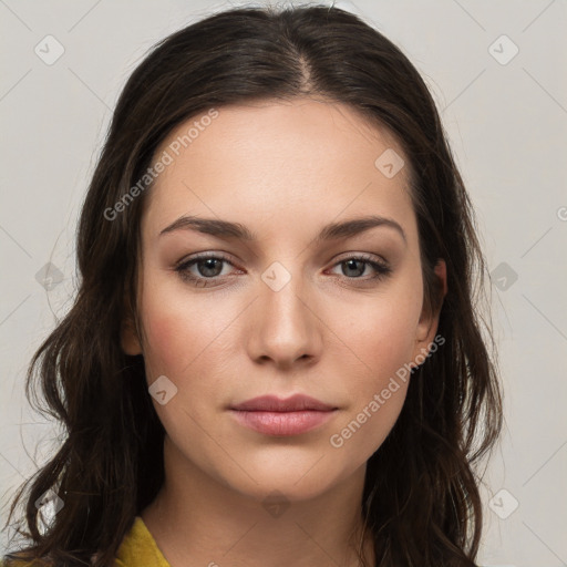 Neutral white young-adult female with long  brown hair and brown eyes