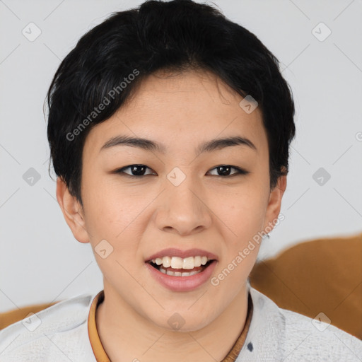 Joyful asian young-adult female with short  black hair and brown eyes