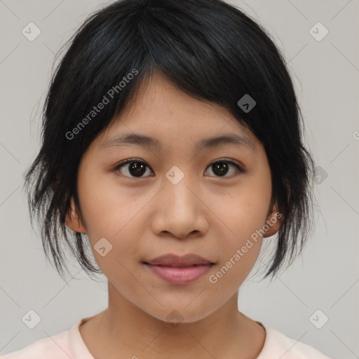 Joyful asian young-adult female with medium  black hair and brown eyes