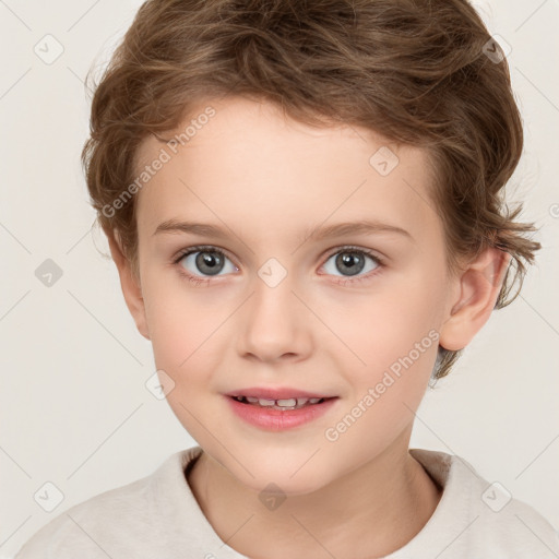 Joyful white child female with short  brown hair and brown eyes