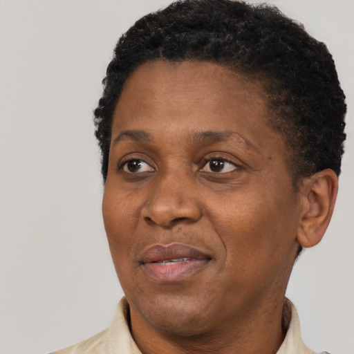 Joyful black adult female with short  black hair and brown eyes