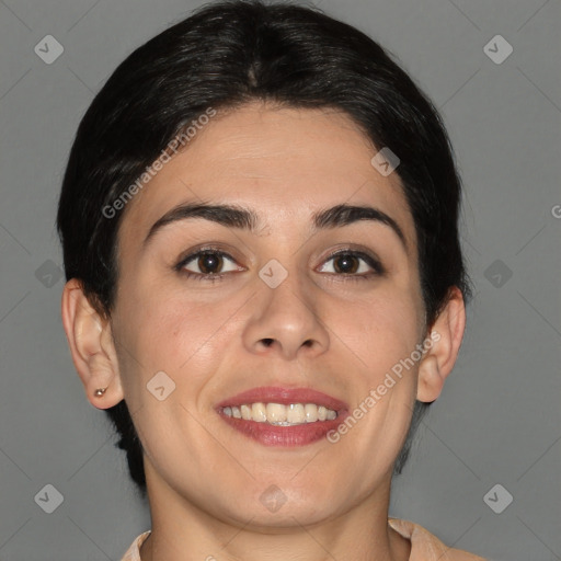 Joyful white young-adult female with medium  brown hair and brown eyes