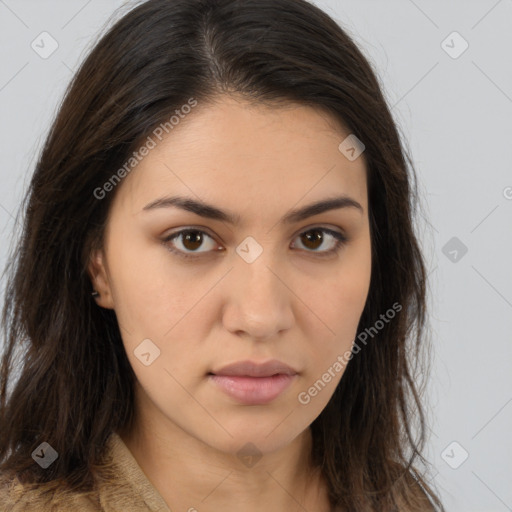 Neutral white young-adult female with long  brown hair and brown eyes