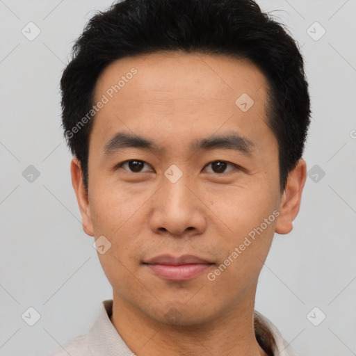 Neutral asian young-adult male with short  black hair and brown eyes