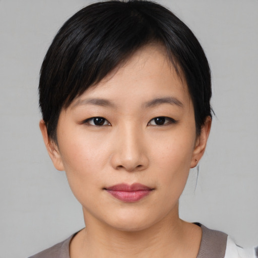 Neutral asian young-adult female with short  black hair and brown eyes