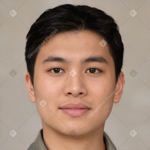 Neutral asian young-adult male with short  black hair and brown eyes