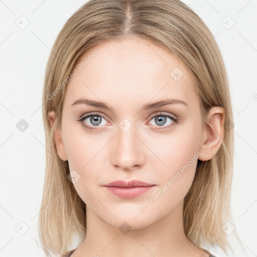 Neutral white young-adult female with long  brown hair and blue eyes