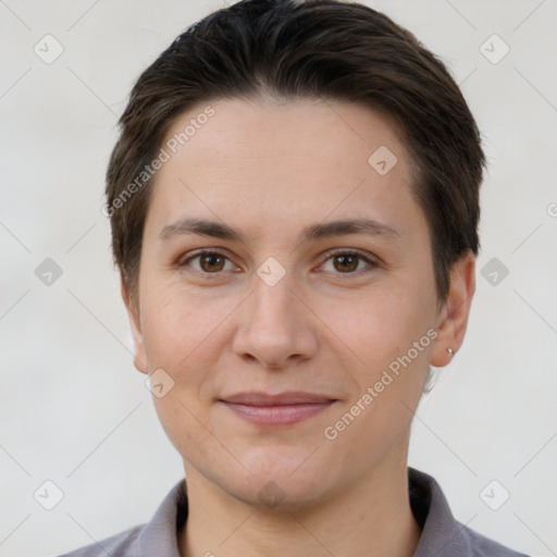 Joyful white young-adult female with short  brown hair and brown eyes