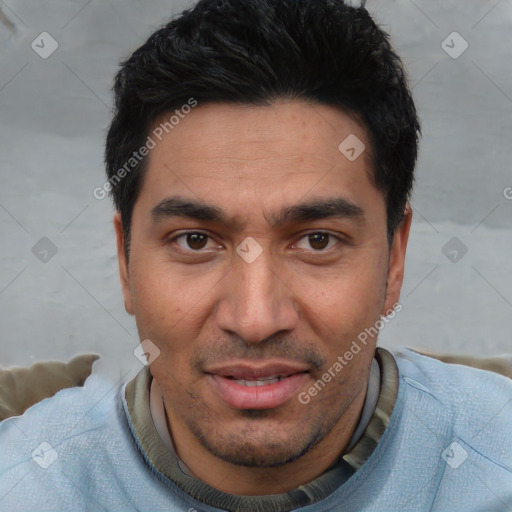 Joyful white young-adult male with short  black hair and brown eyes
