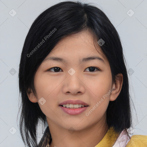 Joyful asian young-adult female with medium  black hair and brown eyes