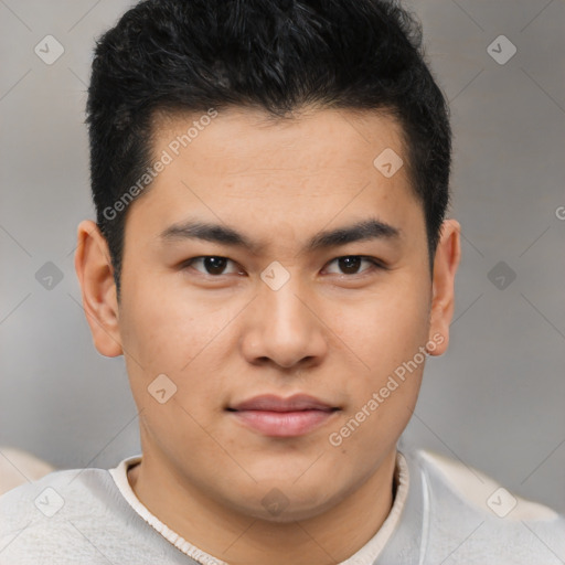 Joyful latino young-adult male with short  brown hair and brown eyes