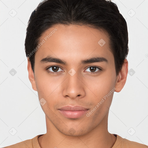 Neutral latino young-adult male with short  brown hair and brown eyes