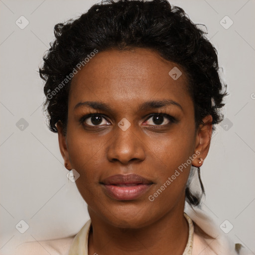 Neutral black young-adult female with short  brown hair and brown eyes