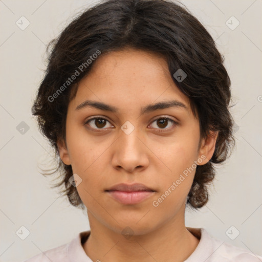 Neutral white young-adult female with medium  brown hair and brown eyes