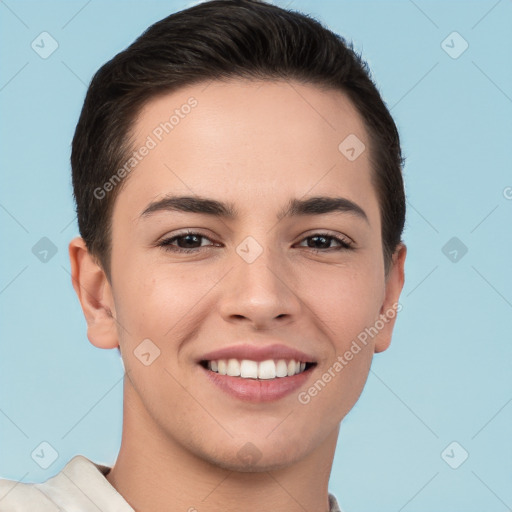 Joyful white young-adult female with short  brown hair and brown eyes