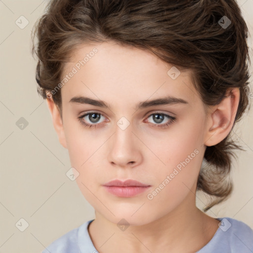 Neutral white young-adult female with short  brown hair and brown eyes