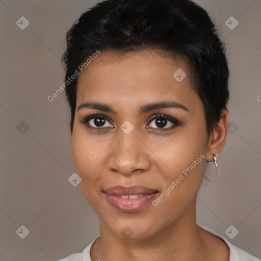 Joyful latino young-adult female with short  brown hair and brown eyes