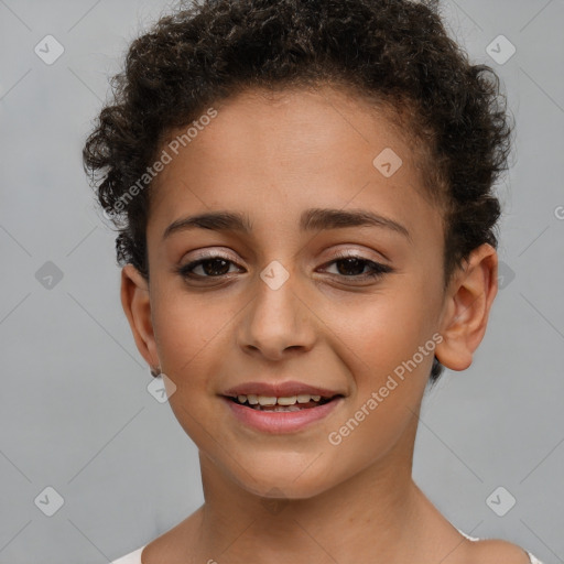 Joyful white child female with short  brown hair and brown eyes