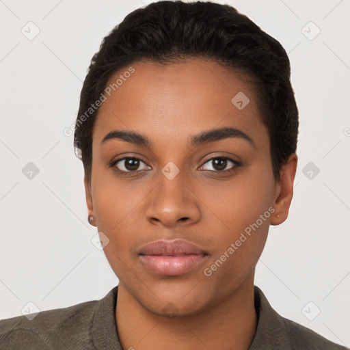 Neutral latino young-adult female with short  black hair and brown eyes