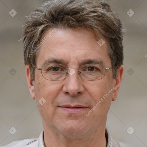 Joyful white middle-aged male with short  brown hair and brown eyes