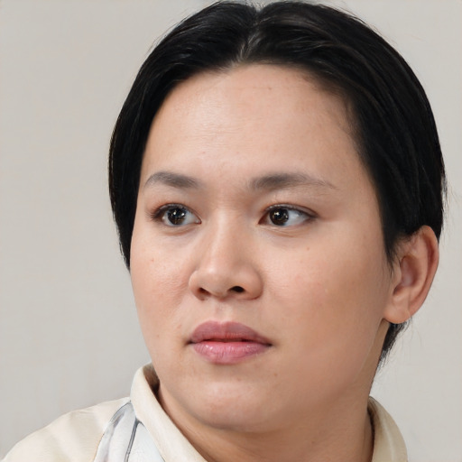 Neutral white young-adult female with short  black hair and brown eyes
