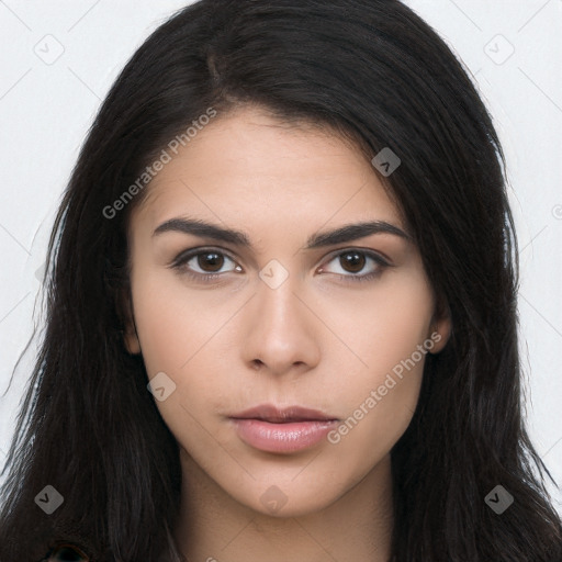 Neutral white young-adult female with long  brown hair and brown eyes