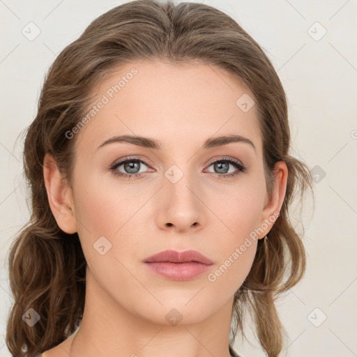 Neutral white young-adult female with medium  brown hair and grey eyes