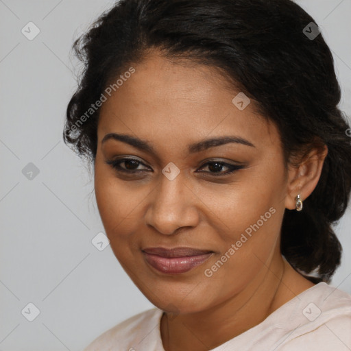 Joyful black young-adult female with medium  brown hair and brown eyes