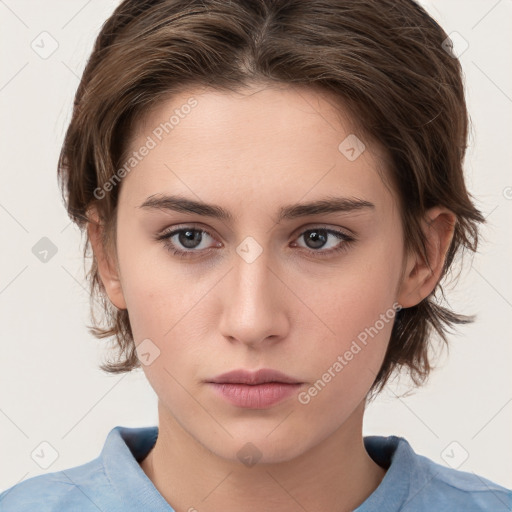 Neutral white young-adult female with medium  brown hair and brown eyes