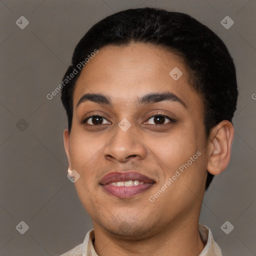 Joyful latino young-adult female with short  brown hair and brown eyes