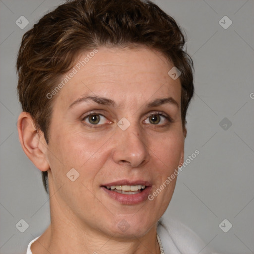 Joyful white adult female with short  brown hair and grey eyes