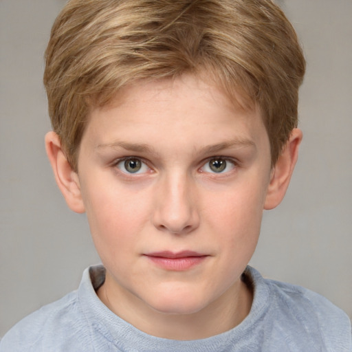 Joyful white child female with short  brown hair and grey eyes