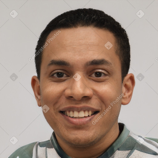 Joyful latino young-adult male with short  black hair and brown eyes