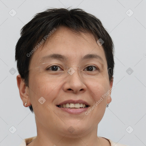 Joyful white adult female with short  brown hair and brown eyes