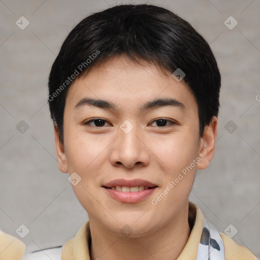 Joyful asian young-adult female with short  black hair and brown eyes