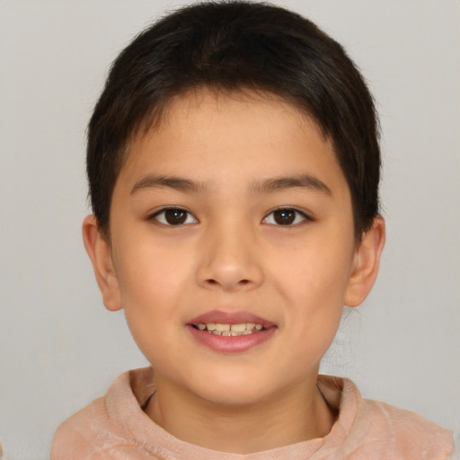 Joyful asian child female with short  brown hair and brown eyes