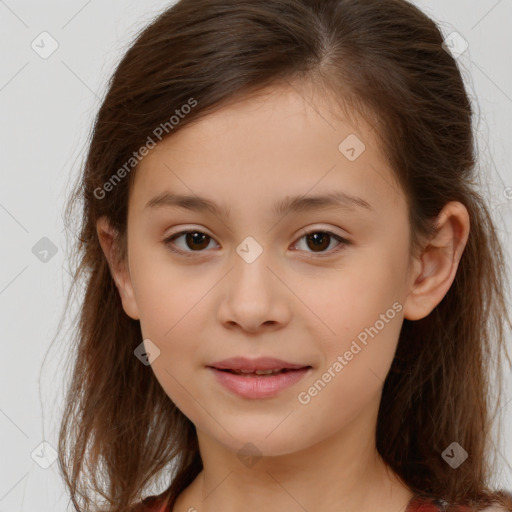 Joyful white child female with medium  brown hair and brown eyes