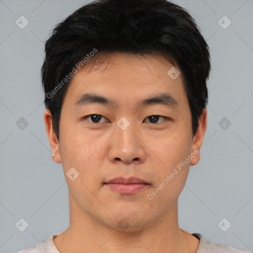 Neutral asian young-adult male with short  black hair and brown eyes