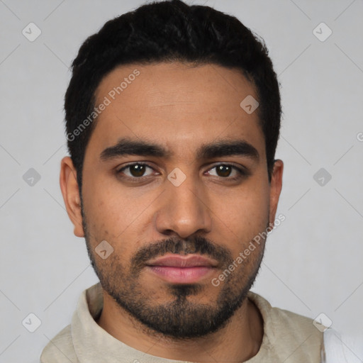 Neutral latino young-adult male with short  black hair and brown eyes