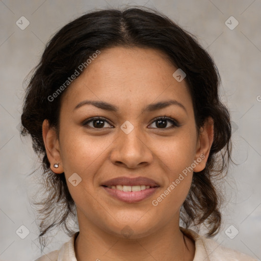 Joyful latino young-adult female with medium  brown hair and brown eyes