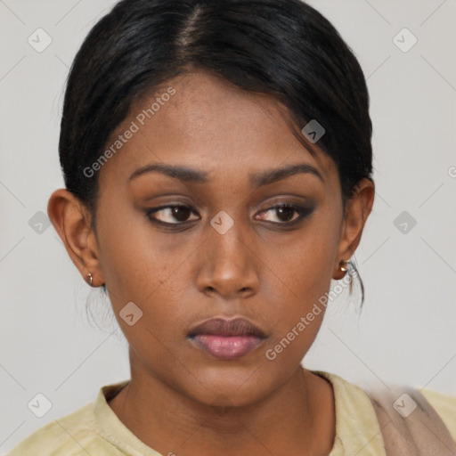 Neutral asian young-adult female with short  brown hair and brown eyes